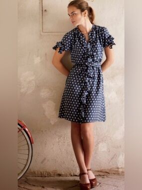 Anthropologie Lil Hailstones Blue Polka Dot Ruffle Belted Dress 100% Silk Sz 12